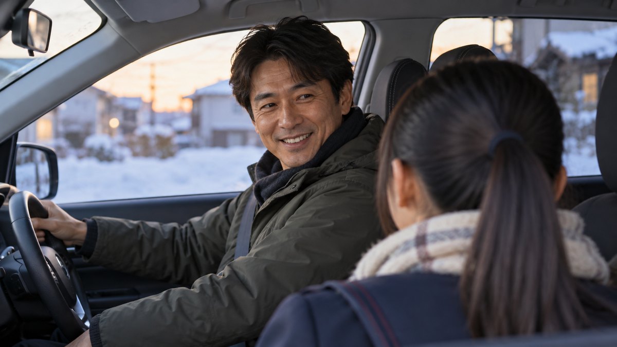 冬の夕方、雪の残る地方都市の住宅街に止めた車の運転席で、40代の父親が助手席の中学生のほうを向いて笑顔で話している、送り迎えの近景。子は後ろ向きで顔は見えない。車内やまわりの文字は見えない