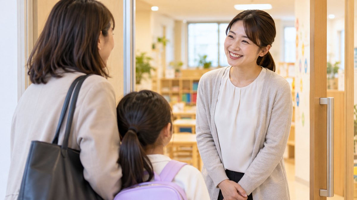 平日の夕方、ビルの中の明るい子ども向け教室の入口で、30代の女性講師が笑顔で40代の母親にあいさつしている近景。母親の横に小学生の子が小さく後ろ姿で立っている。壁や掲示の文字は見えない