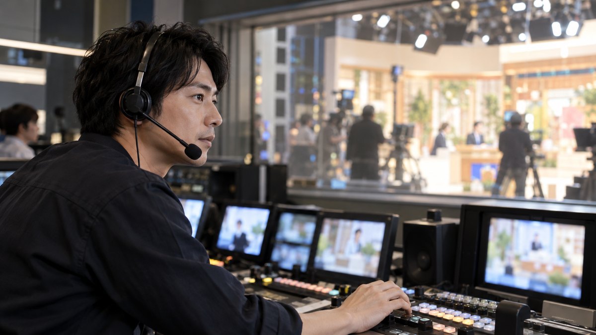 休日の昼、テレビ局のスタジオの副調整室で、30代の男性スタッフがヘッドセットをつけ、ガラス越しのスタジオを見ながら手元の機器に手を置いている近景。モニターや機器の文字は見えない