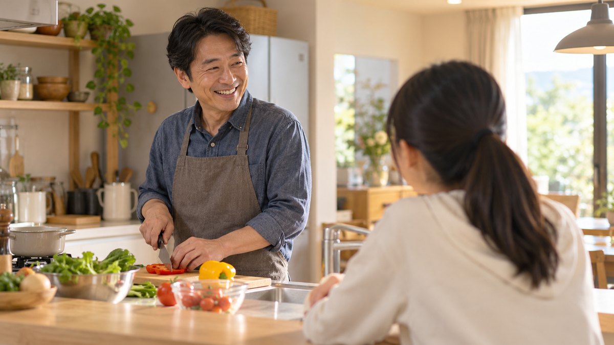 休日の夕方、自宅の明るいキッチンで、40代の父親が夕食の野菜を切りながら、カウンター越しに座る中学生の娘の話を笑って聞いている近景。父親の顔が見え、娘は後ろ姿。文字は見えない