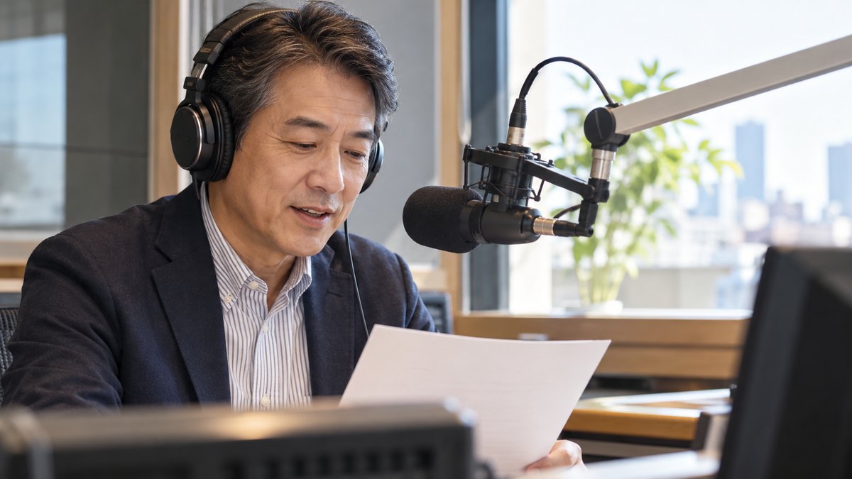 朝、ラジオ局の小さなアナウンスブースで、50代の男性アナウンサーがヘッドホンをつけてマイクに向かい、落ち着いた表情で1枚の原稿を読んでいる近景。原稿や機材の文字は見えない