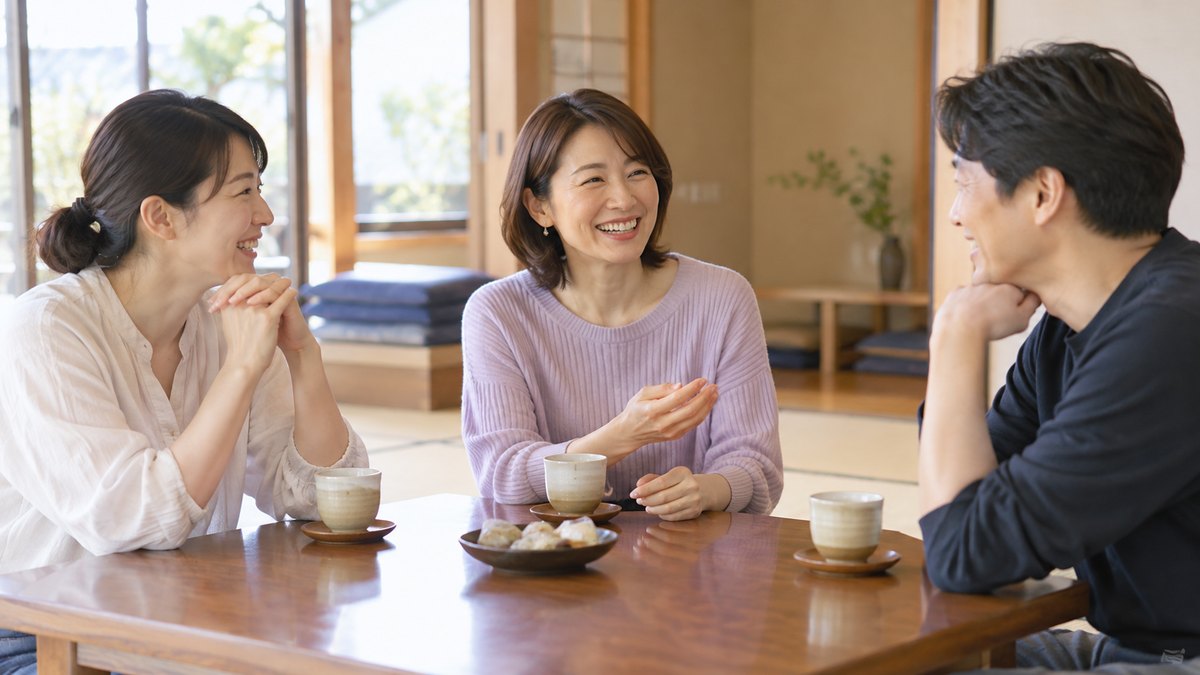 週末の朝、地域の公民館の明るい小さな和室で、30代〜40代の保護者3人がお茶を前に輪になって座り、穏やかに笑いながら話している近景。全員大人。紙や壁の文字は見えない