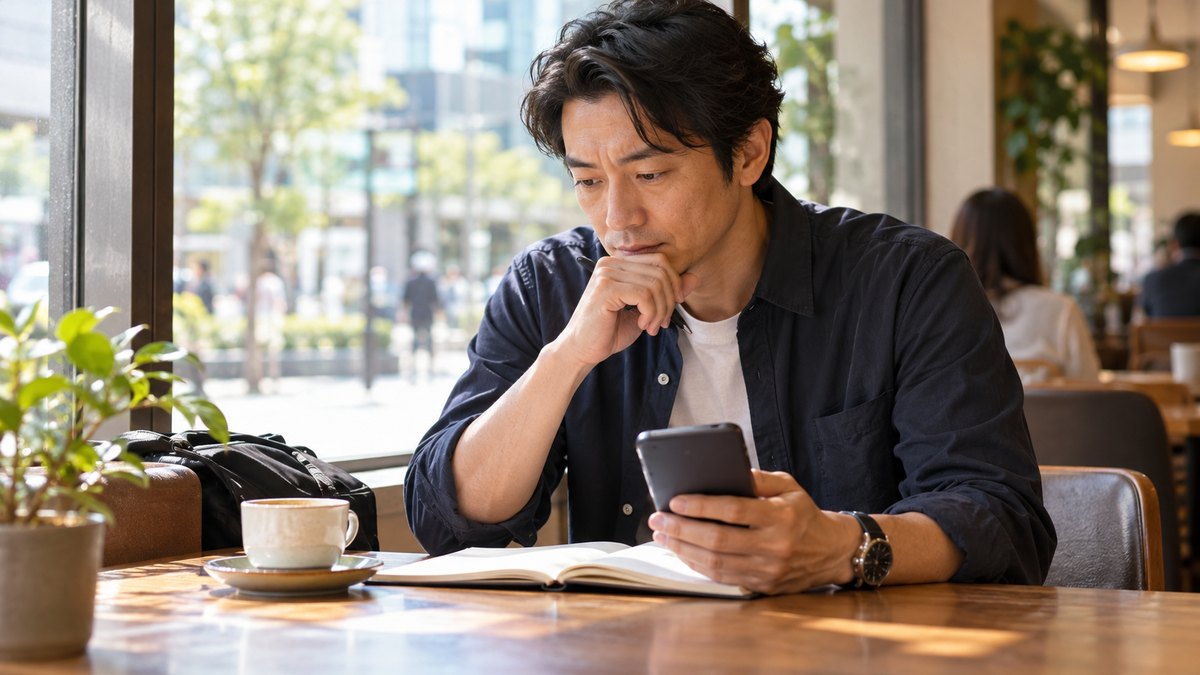 平日の昼、駅前の落ち着いたカフェの窓ぎわの席で、40代の父親がノートを開き、ボールペンで数字を書き出しながら、スマホと見比べて考えている近景。ノートとスマホの文字や数字は読めない