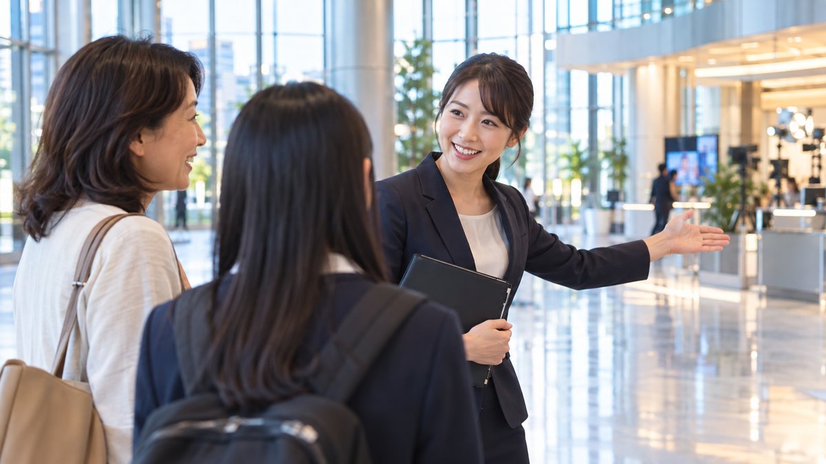平日の夕方、放送局のビルのガラス張りの明るいロビーで、30代の女性スタッフが見学に来た40代の母親に、館内を手で示しながら案内している近景。母親の後ろに高校生の娘が後ろ姿で立っている。看板や壁の文字は見えない