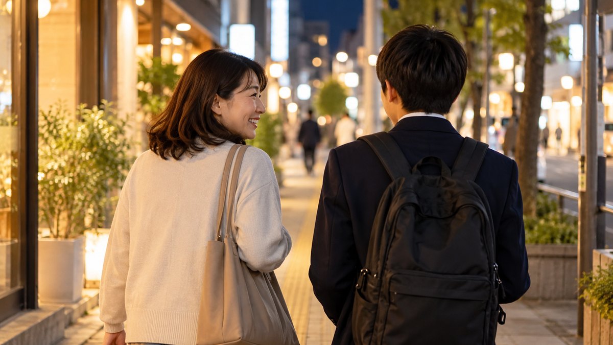 平日の夜、住宅街の駅前の明るい通りで、40代の母親と中学生の息子が並んで歩いている。母親は息子のほうを向いてほほえみながら話し、息子は後ろ姿で、肩にリュックを背負っている。看板や店の文字は見えない