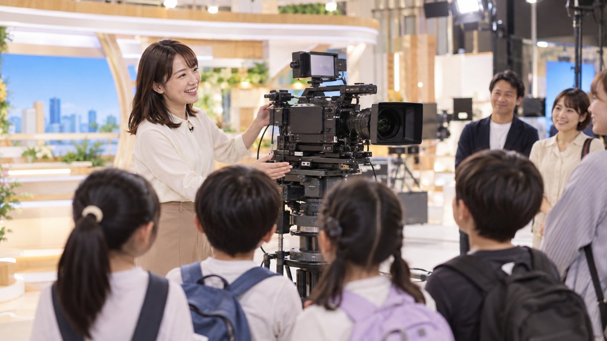休日の午後、テレビ局のスタジオ見学で、30代の女性アナウンサーがテレビカメラの横に立ち、見学に来た小学生たちに笑顔で説明している。子どもたちは手前に後ろ姿で並び、うしろで30代〜40代の保護者が見守っている。モニターや壁の文字は見えない