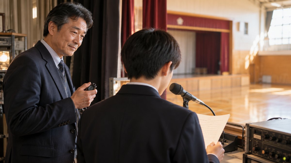 放課後の高校の体育館の舞台わきの放送ブースで、50代の男性の顧問教師がストップウォッチを手に持ち、マイクの前で原稿を読む短髪の男子生徒の後ろ姿を見守っている近景。教師の顔が見え、生徒は後ろ姿。原稿や機材の文字は見えない