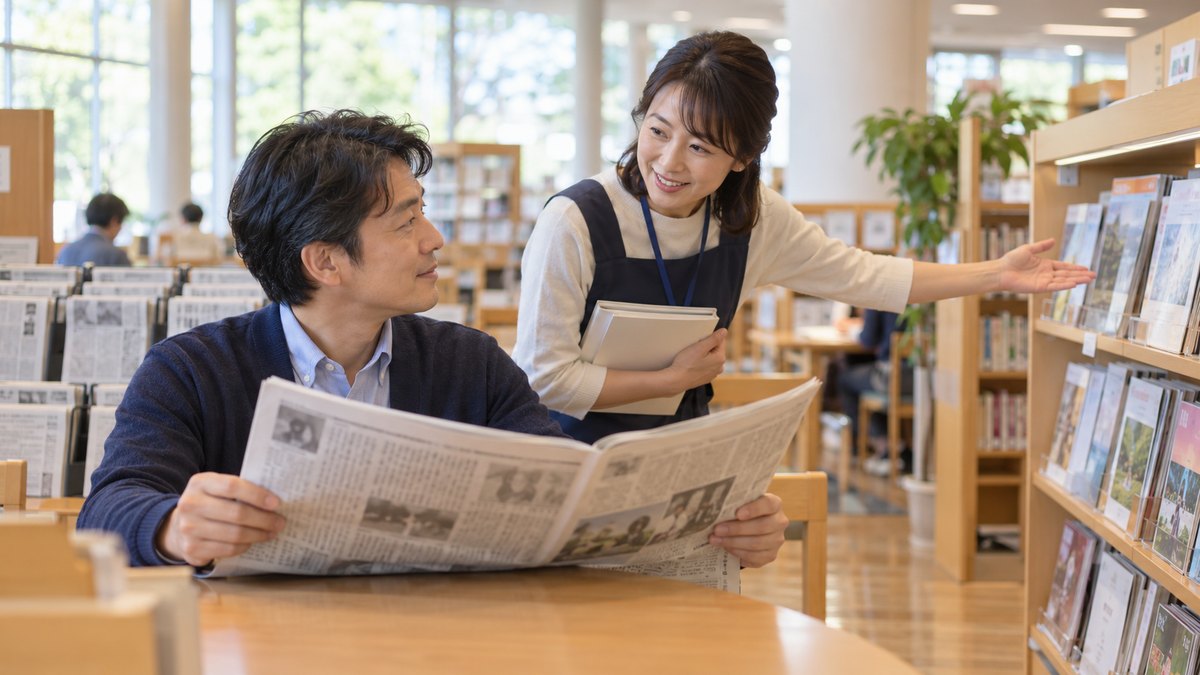 休日の午後、市立図書館の明るい新聞・雑誌コーナーで、40代の男性が新聞を広げて読み、隣の席の40代の女性司書が小声でおすすめの棚を手で示している近景。2人とも大人。新聞や棚の文字は読めない