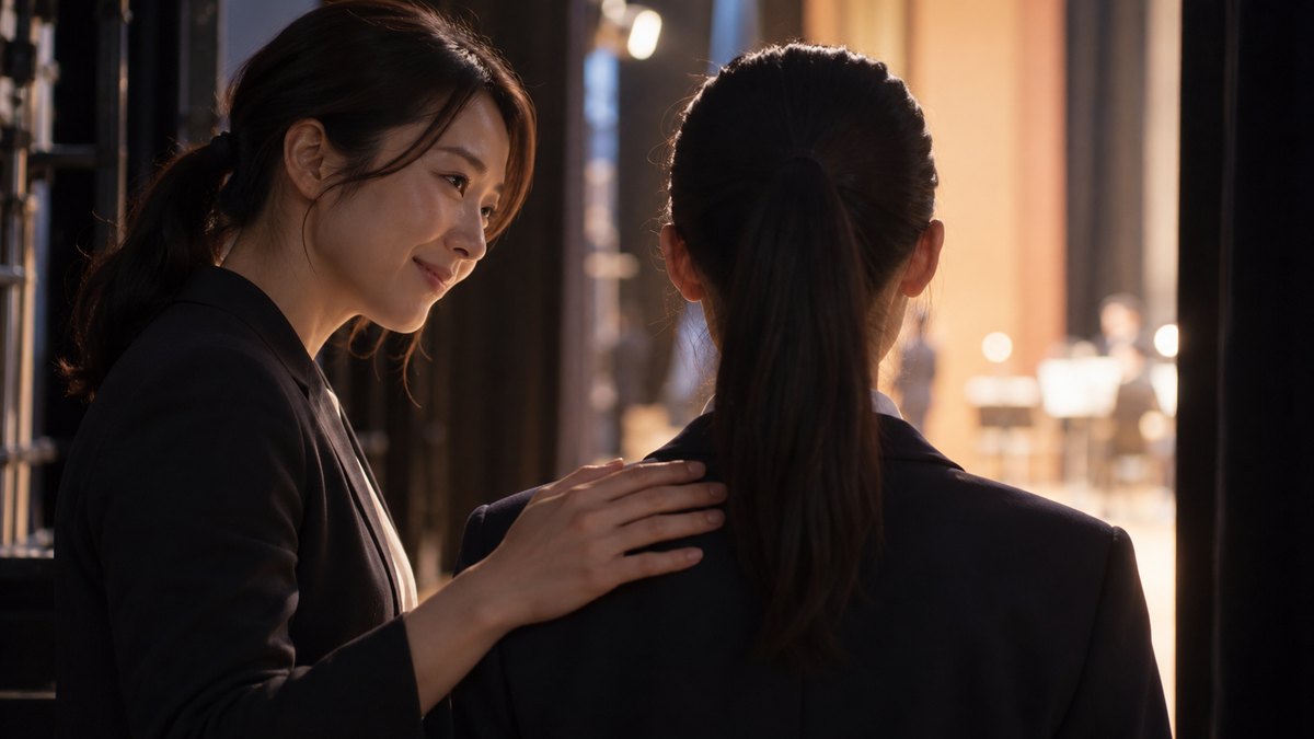 大会の日、市民ホールの舞台そでの薄暗い通路で、30代の女性の顧問教師が出番を待つ高校生の肩に手を添え、一緒にゆっくり息を吐いている近景。教師の顔が見え、生徒は後ろ姿。壁や紙の文字は見えない