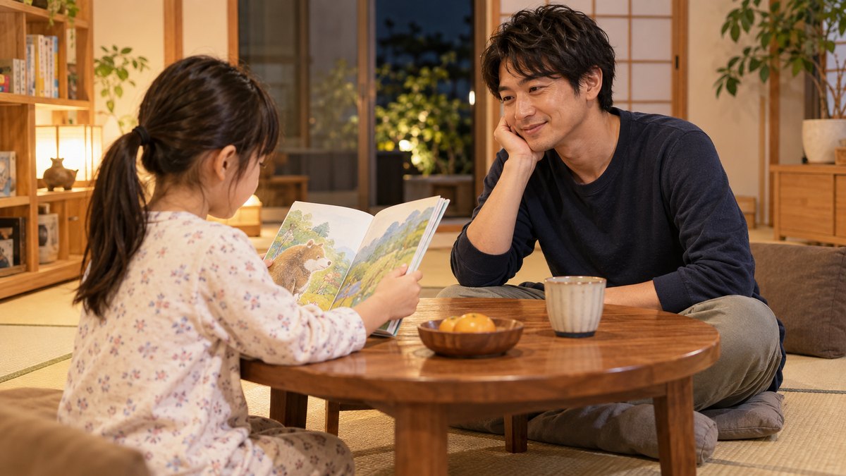 休日の夜、自宅の明るい和室のちゃぶ台で、30代の父親があぐらをかいて座り、隣で小学生の子が絵本を両手で持って声に出して読むのを、うなずきながら聞いている。子は横向きで顔ははっきり見えない。本の文字は読めない