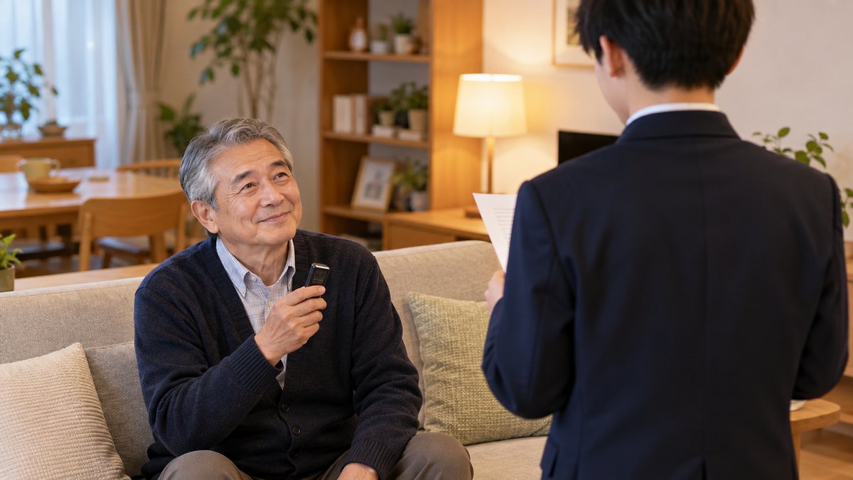 休日の夜、自宅の明るいリビングで、60代の祖父がソファに座り、小さな録音機を手に持って、立って原稿を読む短髪の男子高校生の後ろ姿をうなずきながら見ている近景。祖父の顔が見え、孫は後ろ姿。原稿の文字は見えない