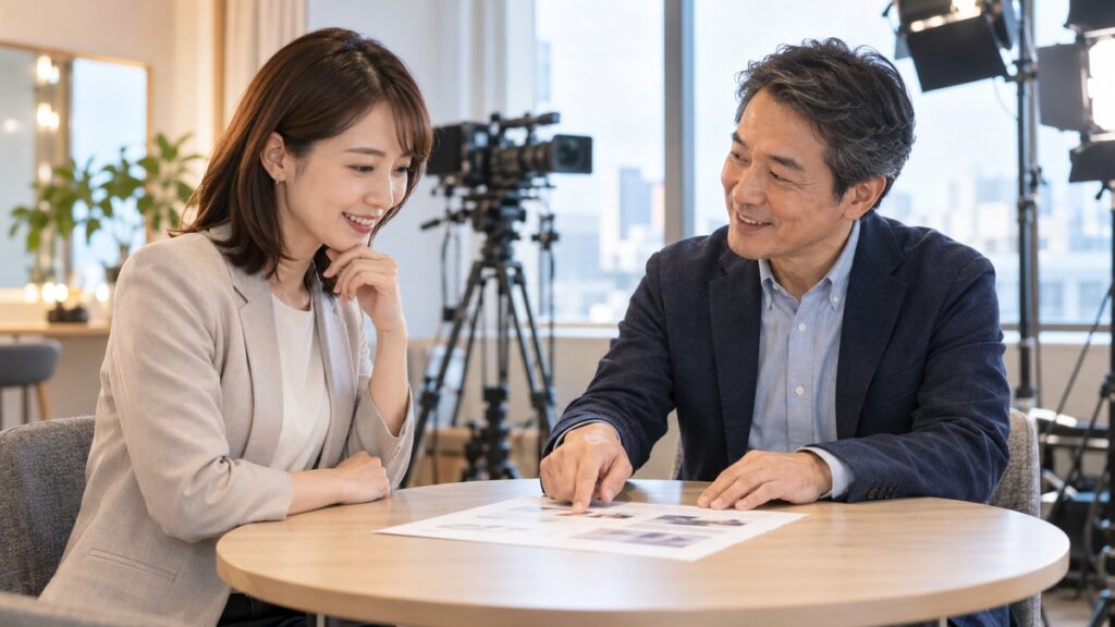 アナウンススクールのスタジオの隅のテーブルで、男性講師と案内の紙を見ながら相談する女性会社員