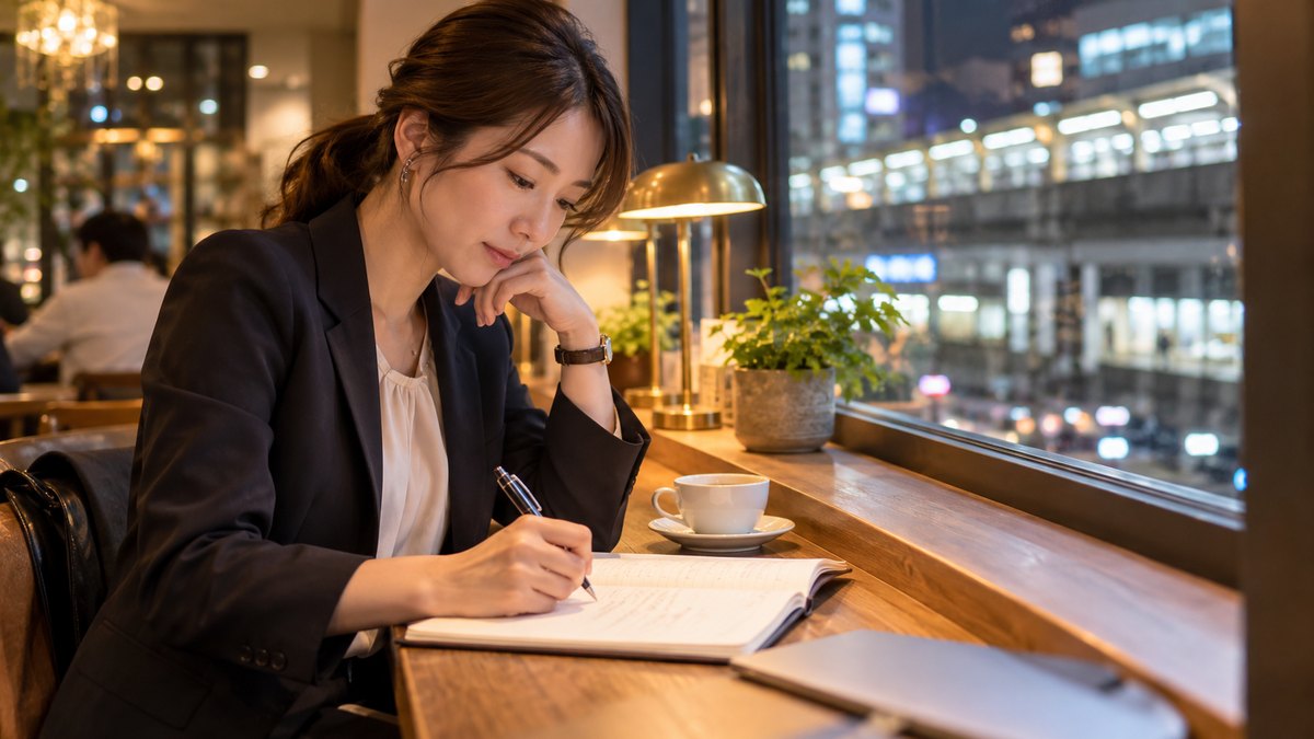 平日の夜、大阪の駅に近い落ち着いたカフェの窓ぎわのカウンター席で、30代の女性会社員がノートを開き、ペンで条件を書き出しながら静かに考えている近景。ノートの文字は読めない