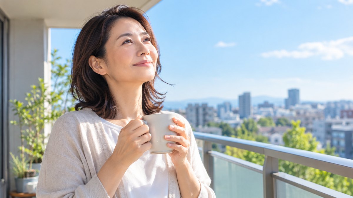 朝、マンションの明るいベランダで、40代の女性がマグカップを両手に持って立ち、晴れた空を見上げて穏やかにほほえんでいる近景。文字は見えない