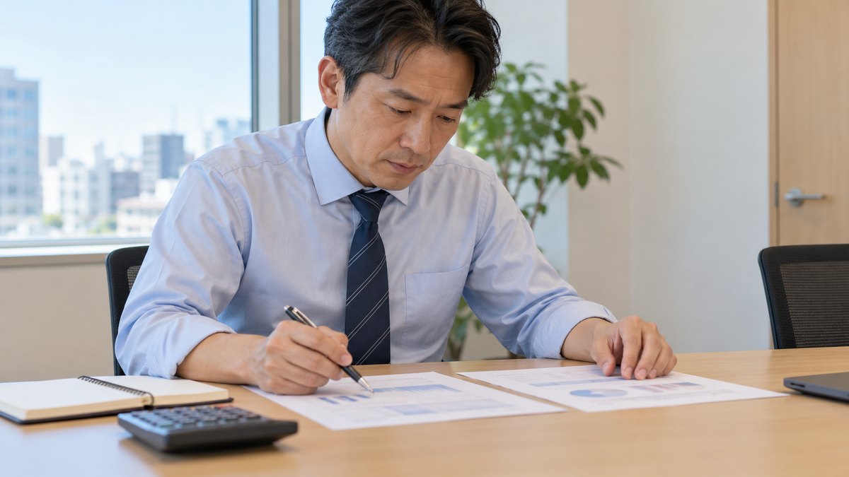 平日の昼休み、オフィスの小さな会議室で、40代の男性会社員がノートと電卓を前に座り、印刷した2枚の資料を並べてボールペンで印をつけながら見比べている近景。資料と電卓の文字や数字は読めない