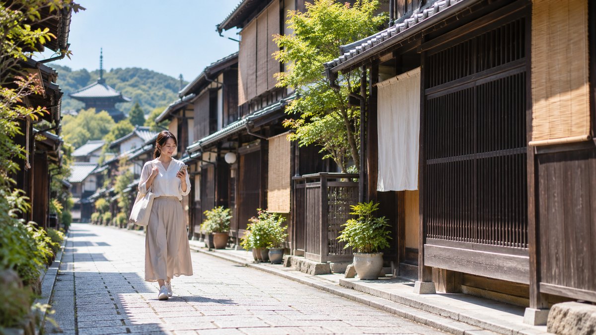 休日の午前、京都の格子戸の町家が並ぶ静かな通りを、30代の女性がトートバッグを肩にかけ、スマホの地図を見ながらゆっくり歩いている遠景。のれんや看板の文字は見えない