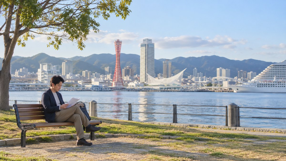 休日の午後、神戸の港が見える海沿いの公園のベンチで、40代の男性が膝の上の紙を軽く持ち、小さく口を動かして読む練習をしている遠景。紙の文字は見えない