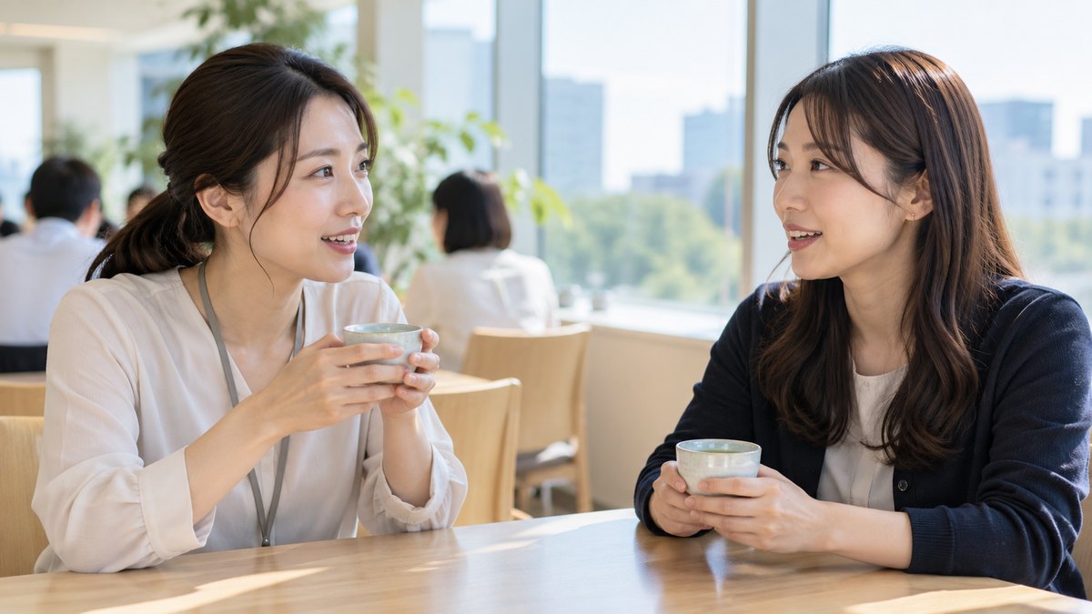 平日の昼、明るい社員食堂の窓ぎわのテーブルで、30代の女性会社員2人がお茶の入った湯のみを手に、向かい合って穏やかに話している近景。文字は無い