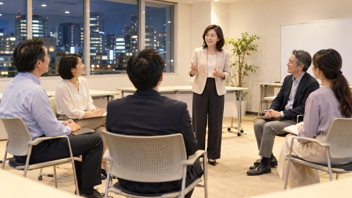 平日の夜、大阪のビルの中の明るい教室で、仕事帰りの30〜50代の社会人6人が半円に座り、1人の40代女性が立って短く話し、ほかの人たちが穏やかにうなずいている遠景。壁や机に文字は見えない