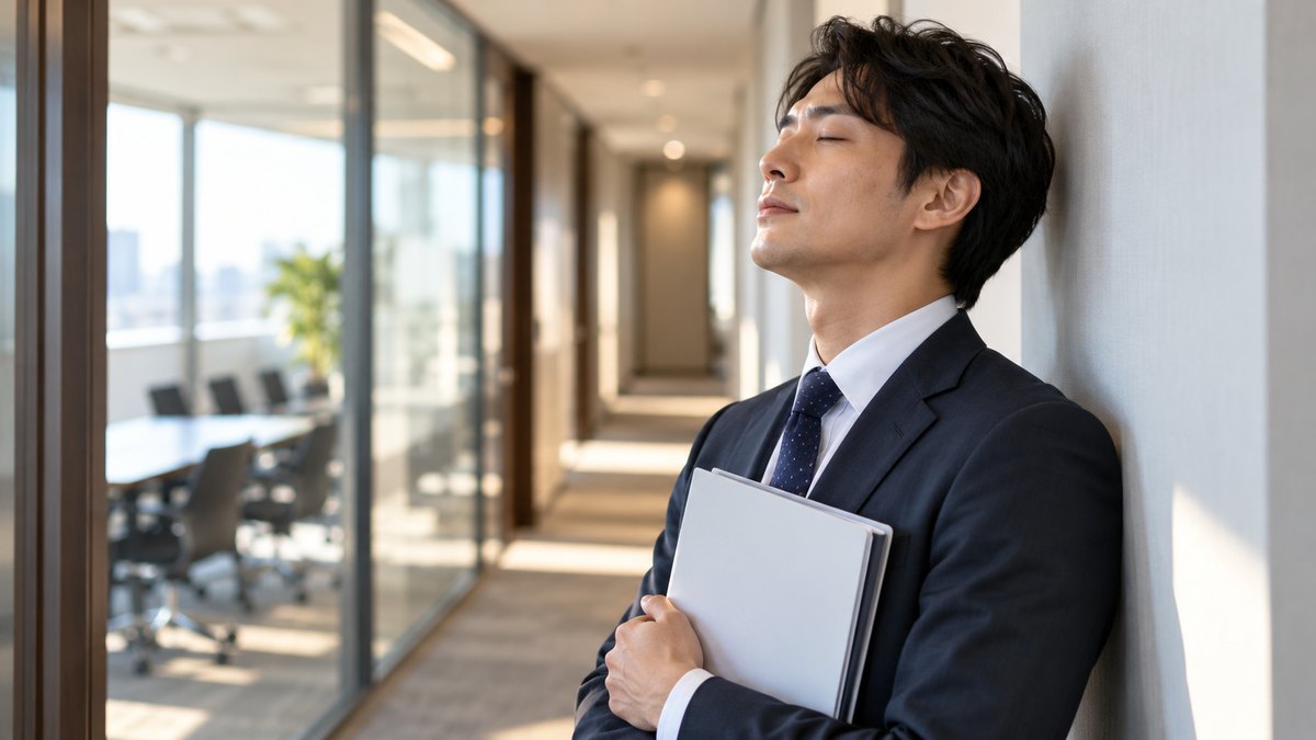朝、会社の会議室の前の静かな廊下で、30代の男性会社員が壁ぎわに立ち、資料を胸に抱えて目を閉じ、ゆっくり息を吐いている近景。資料の文字は見えない