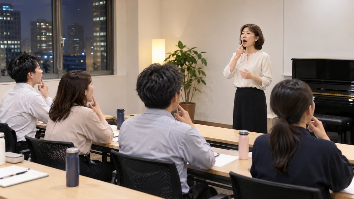 平日の夜、ビルの中の小さなレッスンルームで、50代の女性講師が前に立ち、仕事帰りの30代と40代の受講生4人が長机に座って口の形を確かめながら声を出している遠景。壁や机に文字は見えない