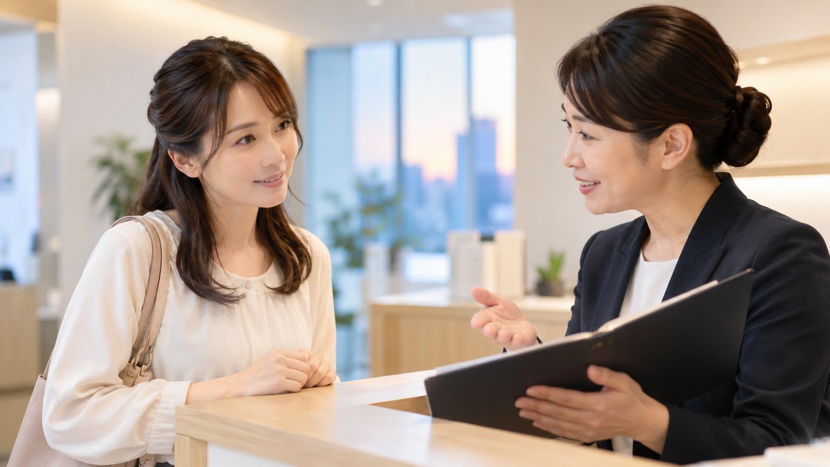 平日の夕方、ビルの中の明るい教室の受付カウンターで、30代の女性がスタッフの40代女性から説明を受け、うなずきながら話を聞いている近景。カウンターや壁に文字は見えない