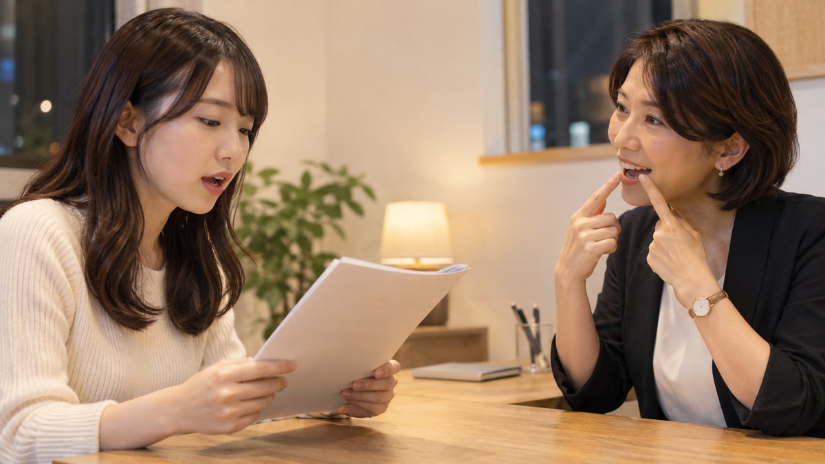 平日の夜、小さな個人レッスン用の部屋で、40代の女性講師と20代後半の女性が机をはさんで向かい合い、女性が原稿を読み、講師が自分の口元を指して発音を伝えている近景。原稿や机に文字は見えない