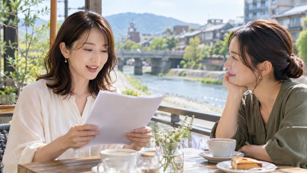 休日の午後、京都の川沿いのカフェのテラス席で、30代の女性2人が向かい合って座り、1人が紙の原稿を声に出して読み、もう1人がうなずきながら聞いている近景。原稿や店の文字は見えない