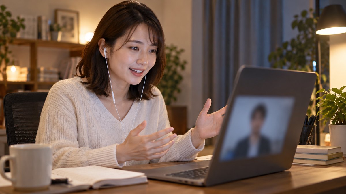 平日の夜、自宅の書斎の机で、30代の女性がイヤホンをつけてノートパソコンに向かい、画面の向こうの講師とオンラインで話しながら声を出している近景。パソコンの画面の文字は見えない