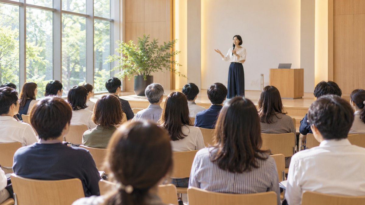 休日の午後、明るいホールの客席で、さまざまな年代の大人20人ほどが前方の話し手の話を熱心に聞いている後ろからの遠景。ステージや壁に文字やロゴは見えない