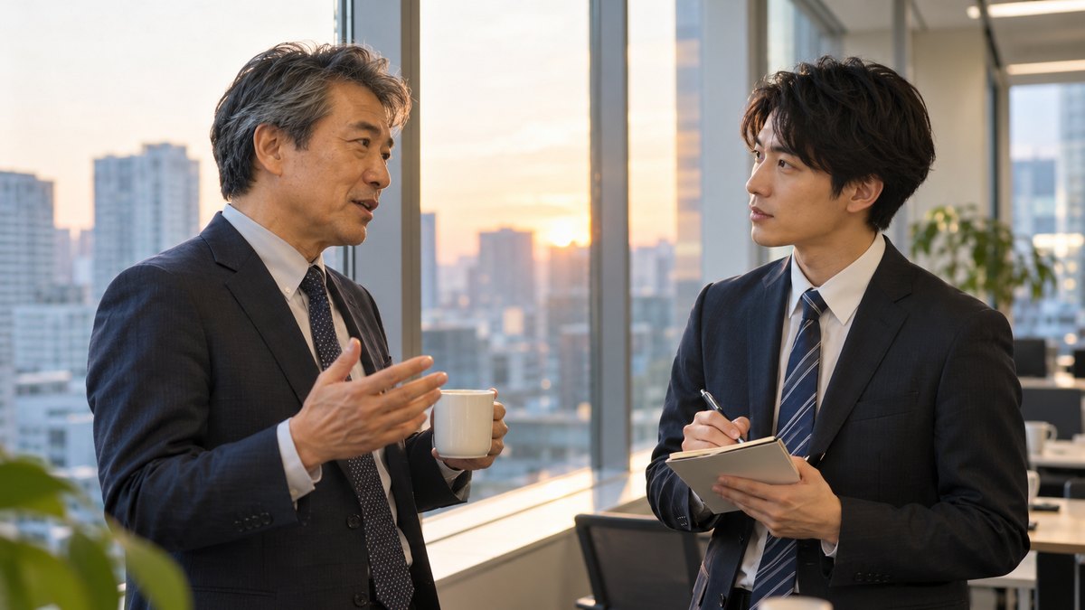 平日の夕方、オフィスの窓ぎわで、50代の男性社員と30代の男性社員がコーヒーを手に立ち話をし、若いほうがメモを取りながら真剣に聞いている近景。文字は見えない