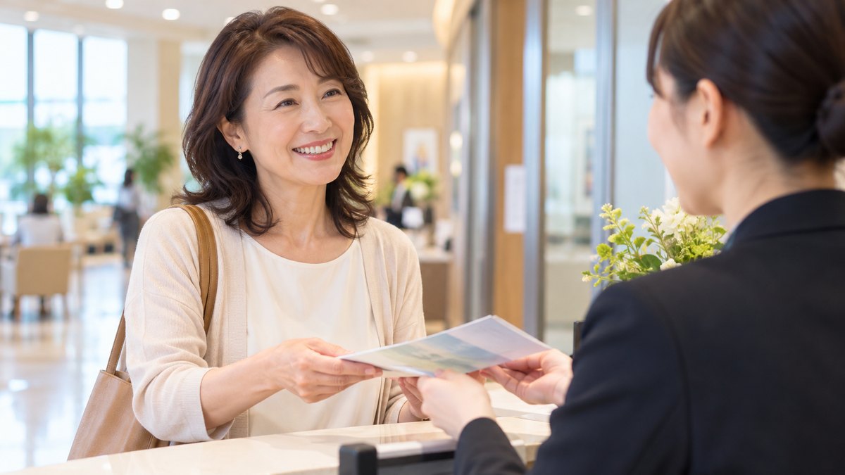 休日の午前、駅に直結したビルのカルチャー教室の明るいロビーで、50代の女性が受付のスタッフから講座の案内を受け取り、笑顔で話している近景。案内や壁の文字は見えない