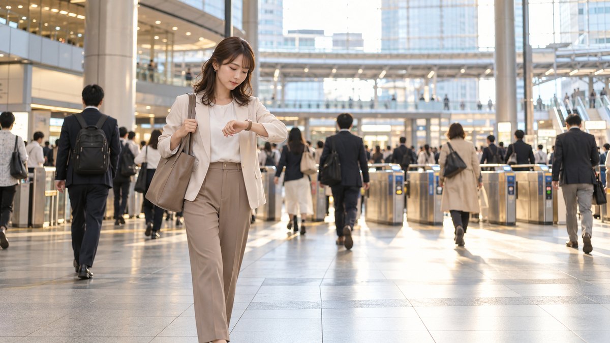 平日の夕方、大阪の大きな駅の明るい改札の前で、20代後半の女性がトートバッグを肩にかけ、腕時計を見て時間を確かめている遠景。駅の案内や看板の文字は見えない