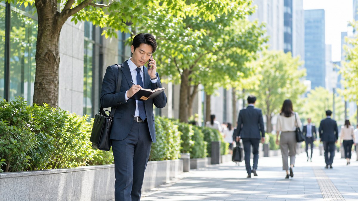 平日の昼、オフィス街の歩道の木陰で、30代の男性がスマホを耳に当てて電話で問い合わせをしながら、もう一方の手で手帳にメモを取っている遠景。看板や手帳の文字は見えない