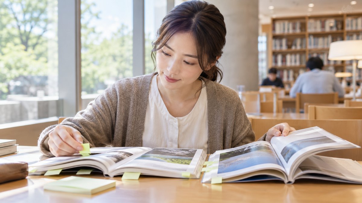 休日の朝、図書館の明るい閲覧席で、30代の女性が2冊の冊子を並べて見比べ、気になったページに付箋を貼っている近景。冊子の文字は読めない