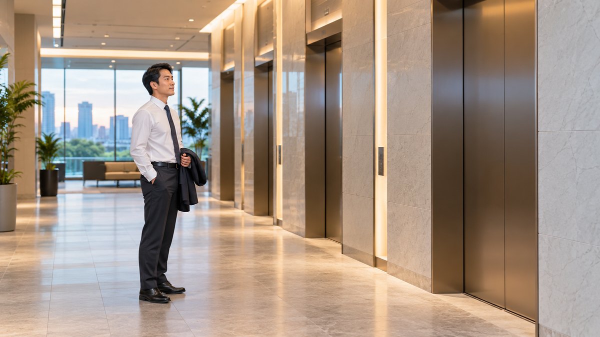 平日の夕方、オフィスビルの明るいエレベーターホールで、30代の男性がスーツの上着を腕にかけてエレベーターを待ちながら、穏やかな表情で前を見ている遠景。案内表示や壁の文字は見えない
