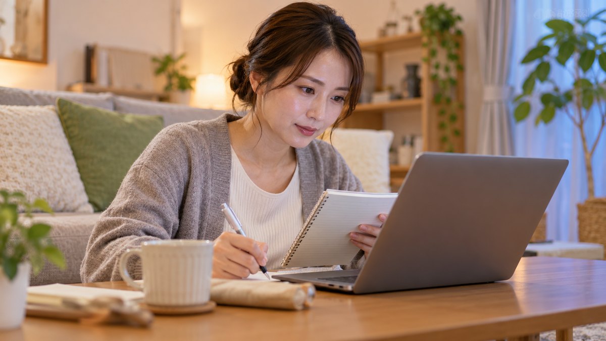 休日の夜、自宅のリビングのローテーブルで、30代の女性がノートパソコンに向かい、問い合わせのメールを書きながら手元のメモを確かめている近景。パソコンの画面とメモの文字は見えない