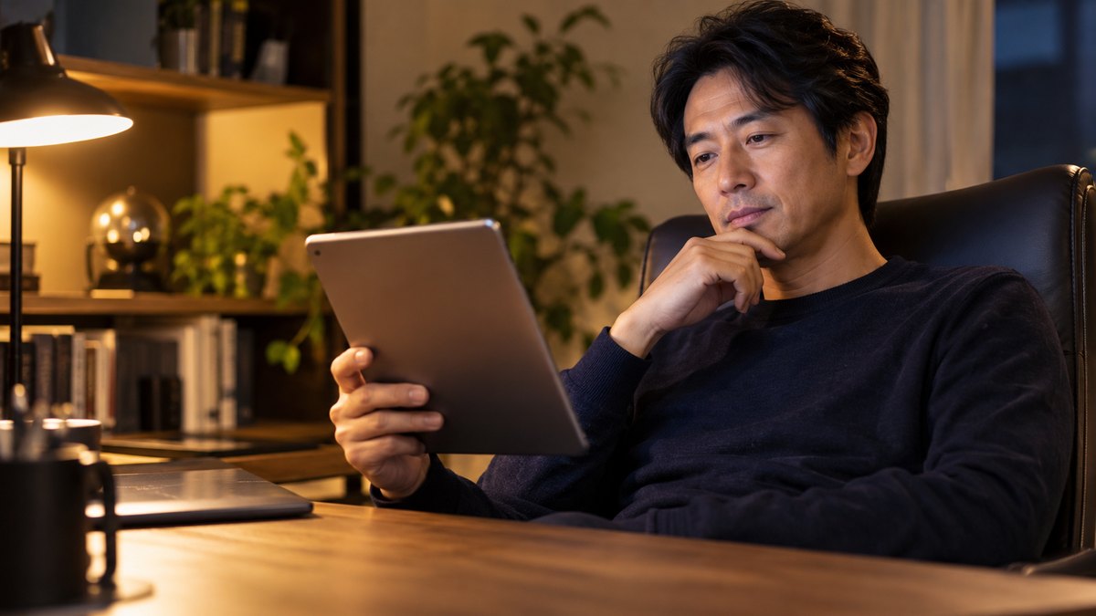 平日の夜、自宅の書斎の机で、40代の男性がタブレットを手に持ち、椅子の背にもたれて読みながら考えている近景。タブレットの画面の文字は見えない