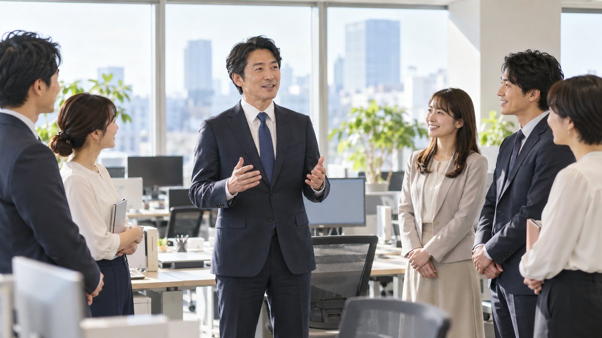 平日の朝、明るいオフィスの朝礼で、40代の男性会社員が同僚5人の前に立って短く話し、同僚たちがリラックスした表情で聞いている遠景。壁やホワイトボードに文字は見えない