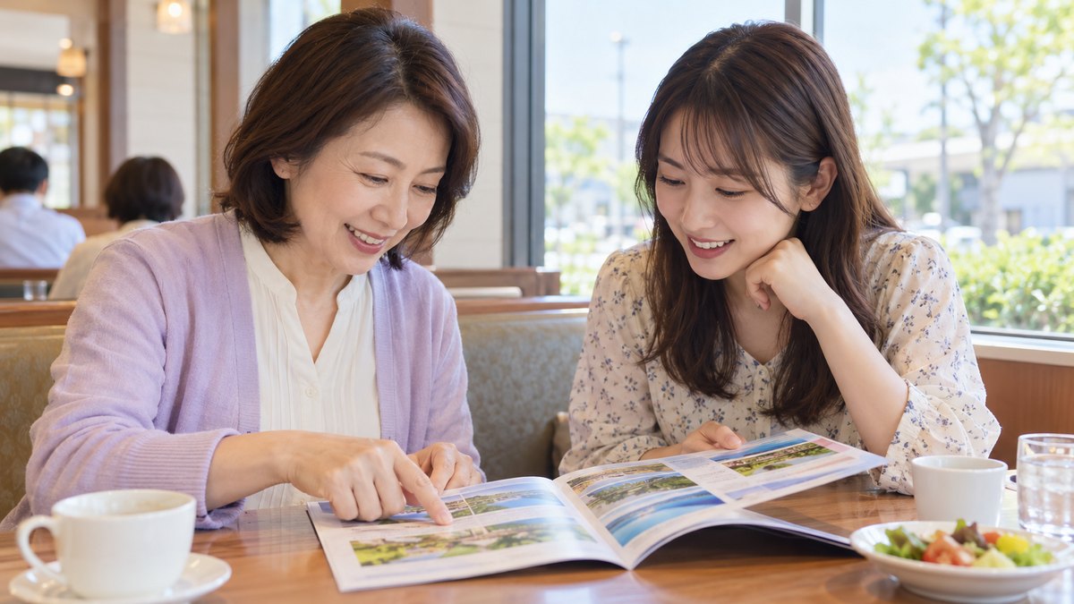 休日の昼、ファミリーレストランの窓ぎわのテーブルで、50代の母親と20代後半の娘が向かい合って座り、テーブルに広げた案内の冊子を一緒に見ながら穏やかに話している近景。冊子の文字は読めない