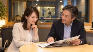 アナウンススクールの説明会のあと、収録ブースが見える打ち合わせスペースで男性講師とパンフレットを見ながら相談する女性会社員