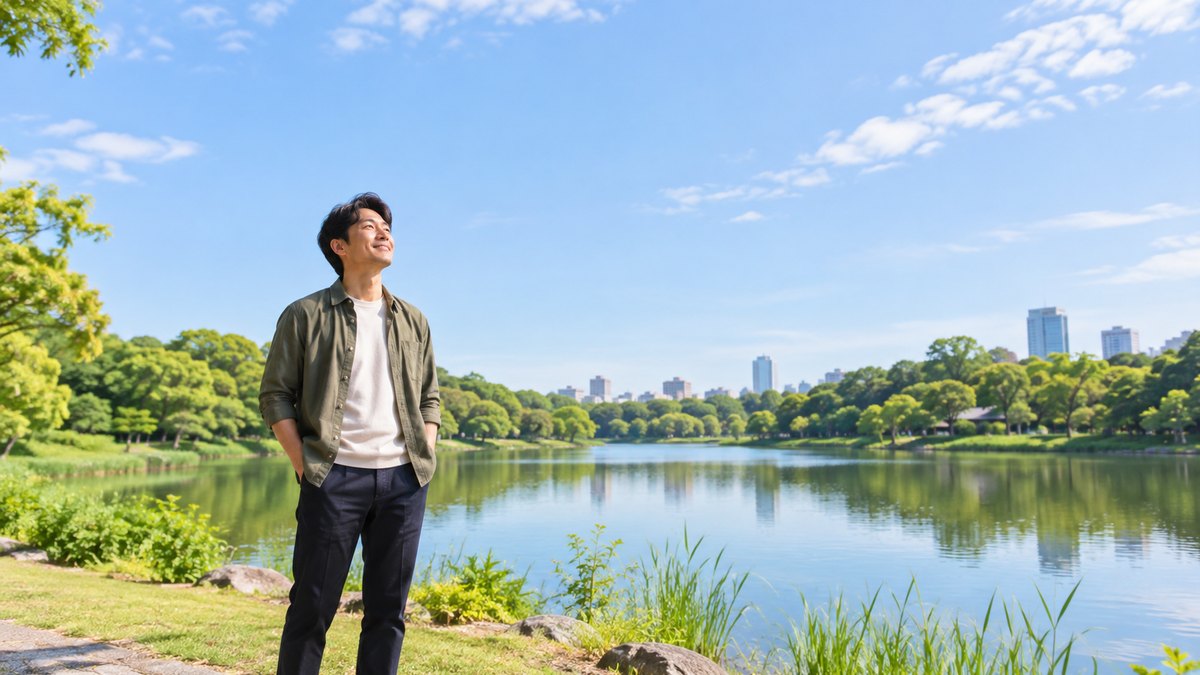 休日の朝、名古屋の大きな池のある緑の公園のほとりで、40代の男性が池を背に立ち、晴れた空を見上げて穏やかにほほえんでいる遠景。看板や文字は見えない
