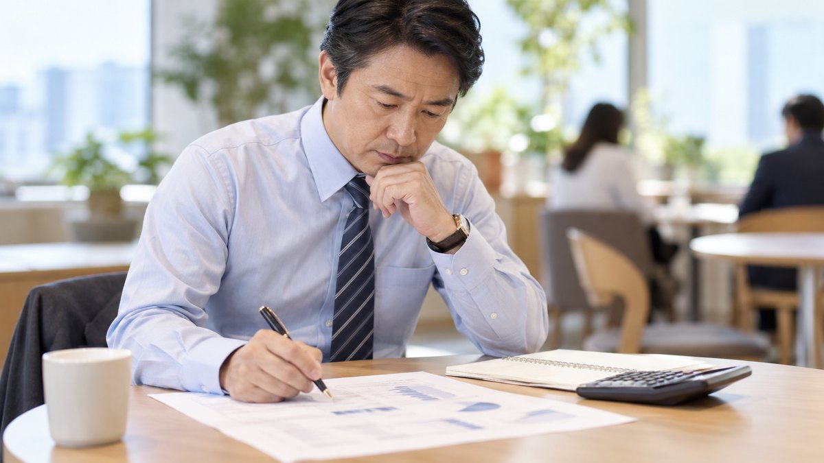 平日の昼休み、オフィスの休憩スペースの丸テーブルで、40代の男性会社員がノートと電卓を前に座り、印刷した資料にボールペンで丸をつけながら考えている近景。資料と電卓の文字や数字は読めない