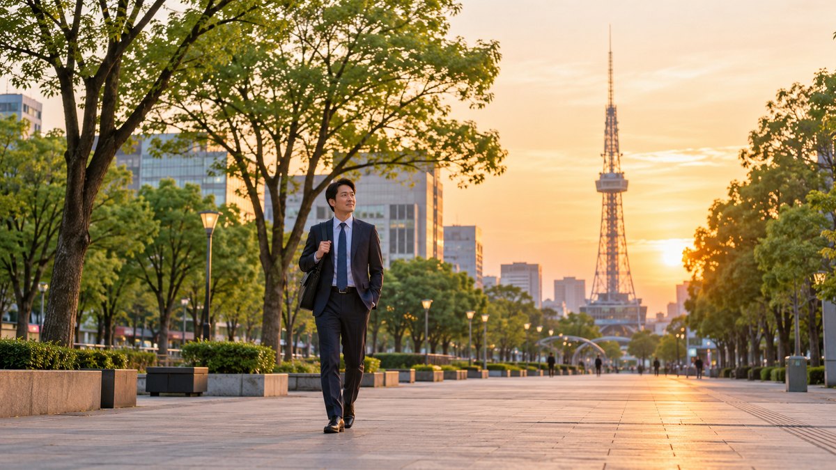 夕方、名古屋の広い並木道の公園を、30代の男性会社員がビジネスバッグを肩にかけ、遠くに見える鉄塔を背に穏やかな表情で歩いている遠景。看板や標識の文字は見えない