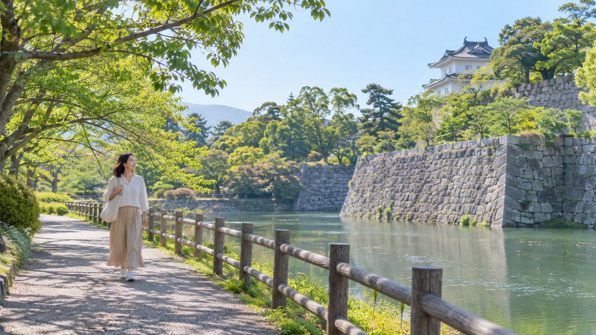 休日の朝、静岡の城跡の石垣とお堀に沿った遊歩道を、40代の女性がトートバッグを肩にかけてゆっくり歩いている遠景。看板や文字は見えない