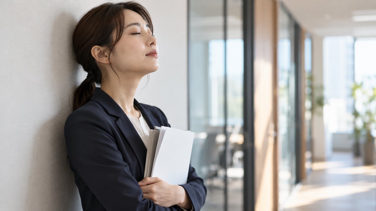朝、会社の会議室の前の静かな廊下で、30代の女性会社員が壁ぎわに立ち、資料を胸に抱えて目を閉じ、ゆっくり息を吐いている近景。資料の文字は見えない