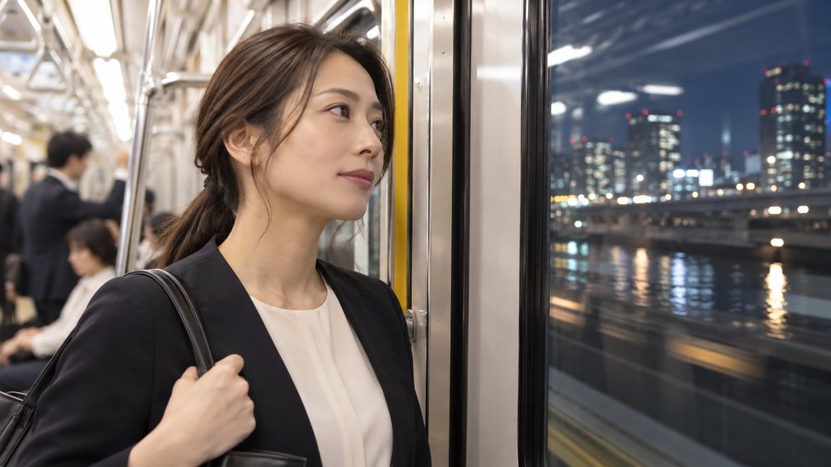 平日の夜、東海道線の明るい電車の車内で、30代の女性会社員がドアの近くに立ち、窓の外の夜景を見ながら静かに考えている近景。車内の広告や表示の文字は見えない