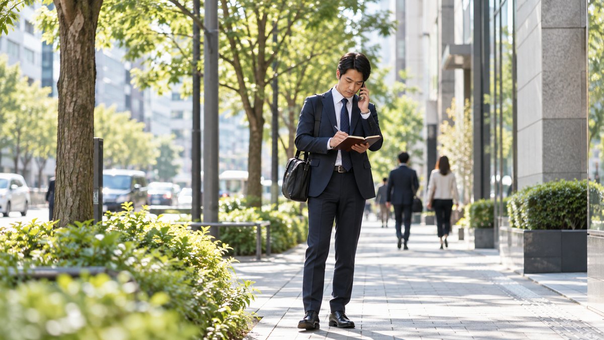 平日の昼、オフィス街の歩道の木陰で、30代の男性がスマホを耳に当てて電話で問い合わせをしながら、もう一方の手で手帳にメモを取っている遠景。看板や手帳の文字は見えない
