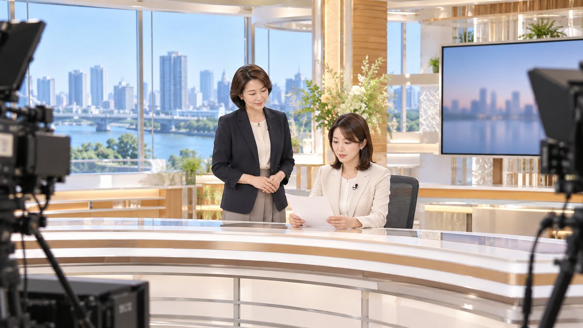 平日の朝、放送局の明るいスタジオで、40代の女性アナウンサーの講師がニュースデスクの横に立ち、デスクに座った30代の女性受講生が原稿を読むのを見守っている遠景。セットやモニターに文字やロゴは無い
