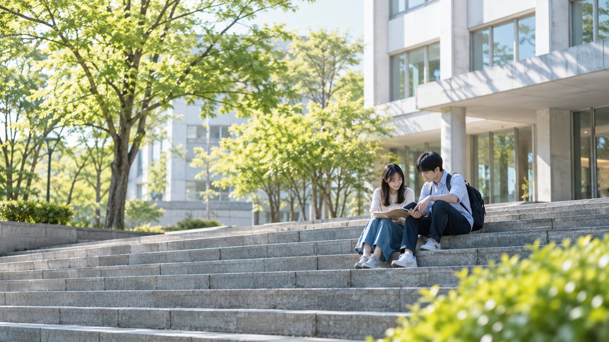 休日の昼、大学のキャンパスの石段に、20代前半の男女の大学生が並んで座り、1冊のノートをのぞき込みながら話し合っている遠景。ノートや建物に文字は見えない